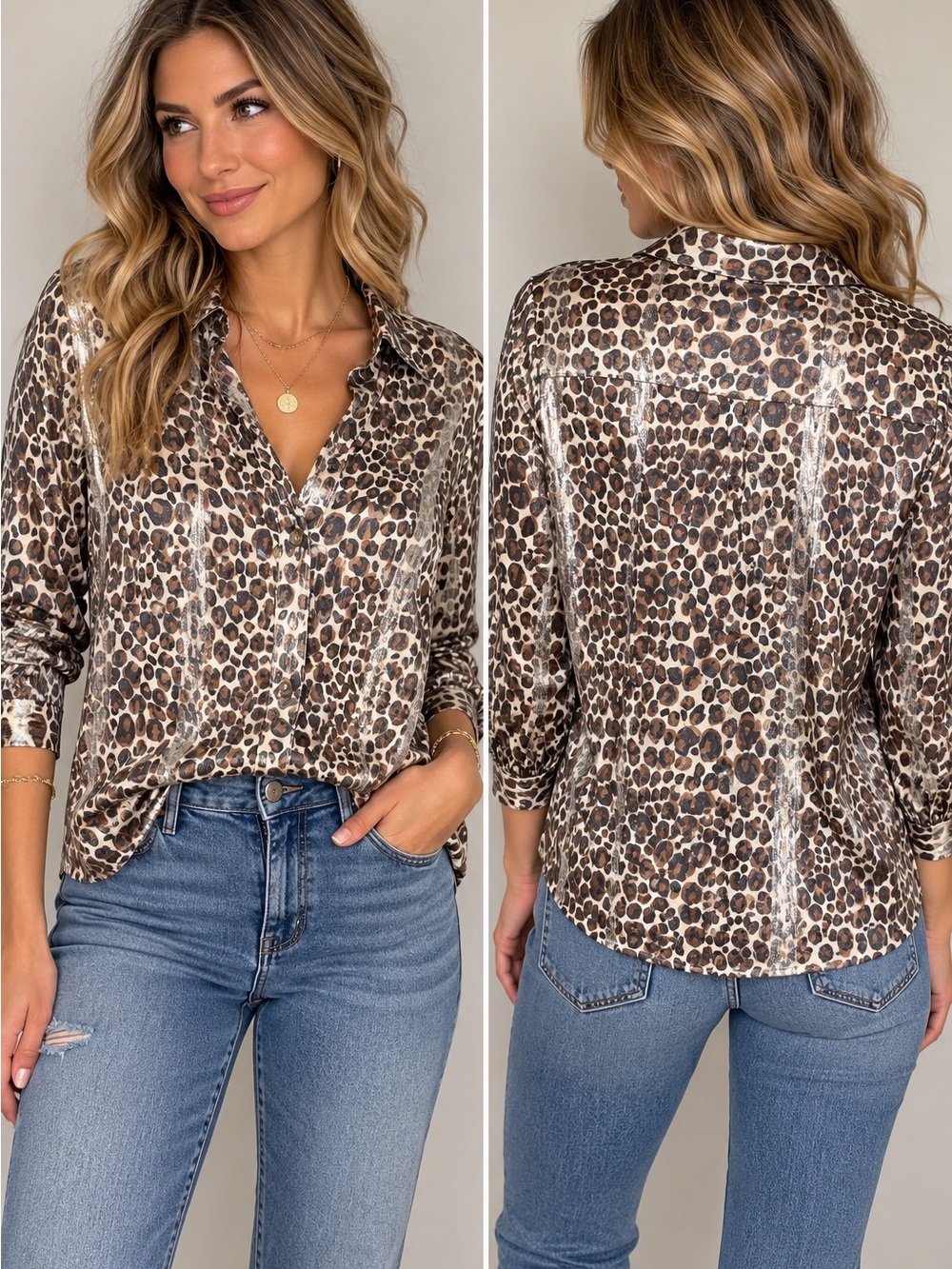 entro Leopard Print Satin Button-Up Blouse - Brown